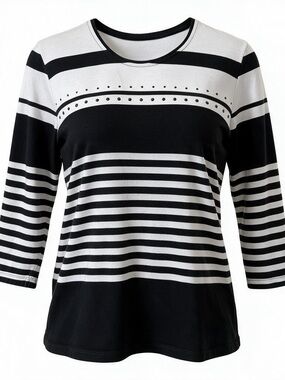 Alia Black & White Striped Scoop Neck Shirt with 3/4 Sleeves Size Petite M
